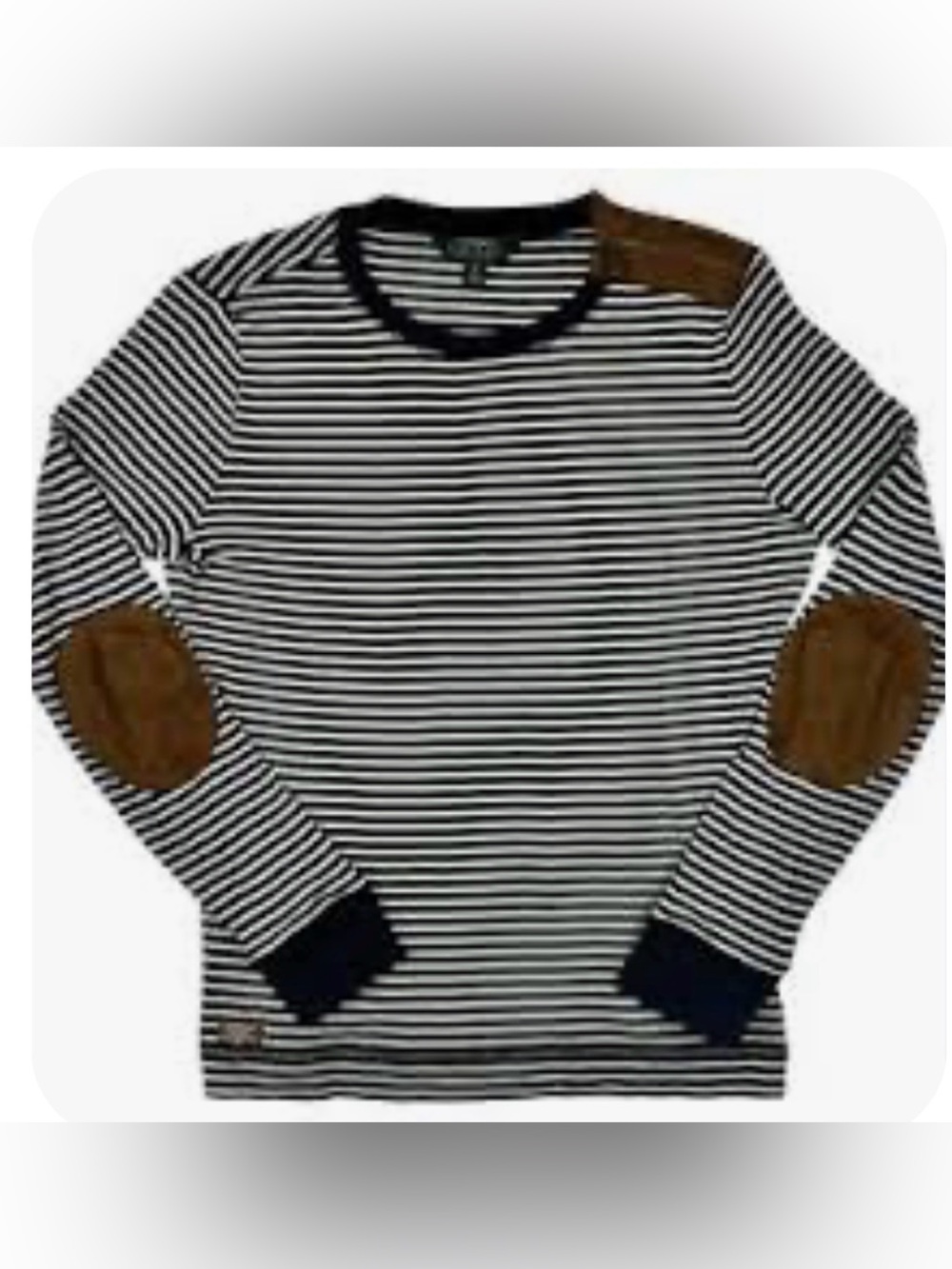 UEC Ralph Lauren NAVY & White Striped Long-Sleeve Crew Brown Elbow Patches SZ L